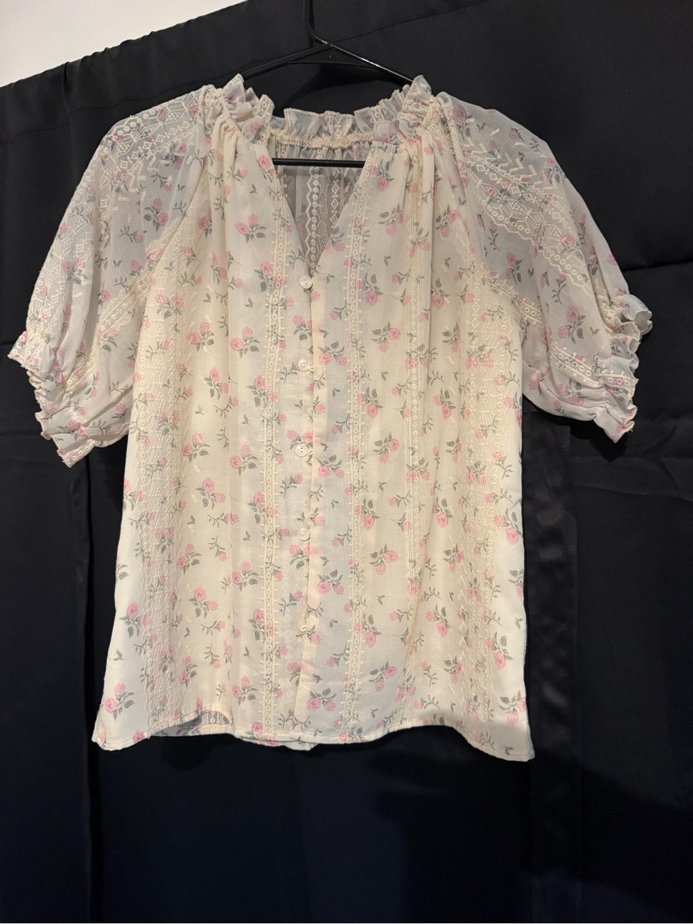 Floral Lace-Trimmed Cream Blouse with Pink Roses